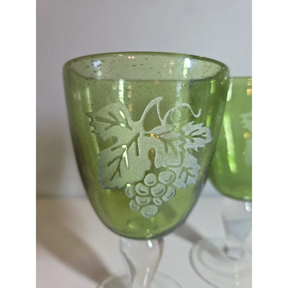 Block Basics Hand Made in Japan 2 Green Wine Glasses with Etched Grape Design